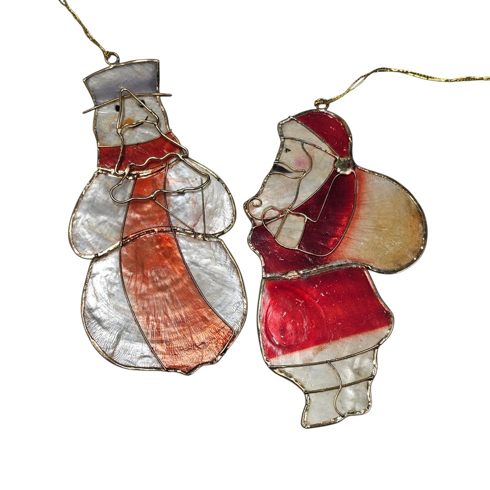 2 Vintage Christmas Ornaments Santa Claus Snowman Capiz Shell Hanging Folk Art